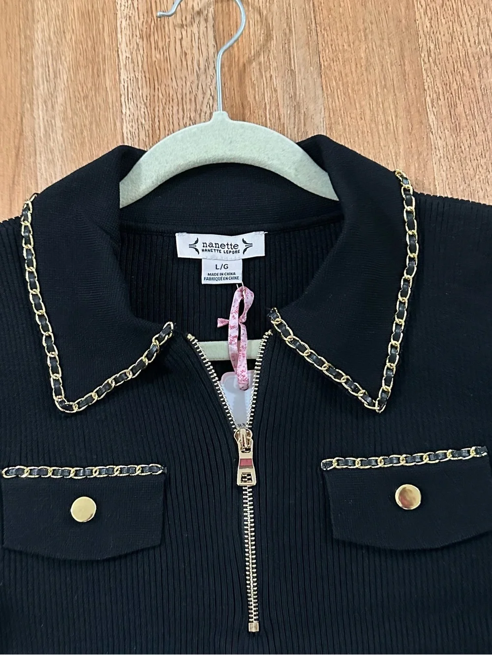 Nannette Black Ribbed women’s Jacket with Gold Chain Trim